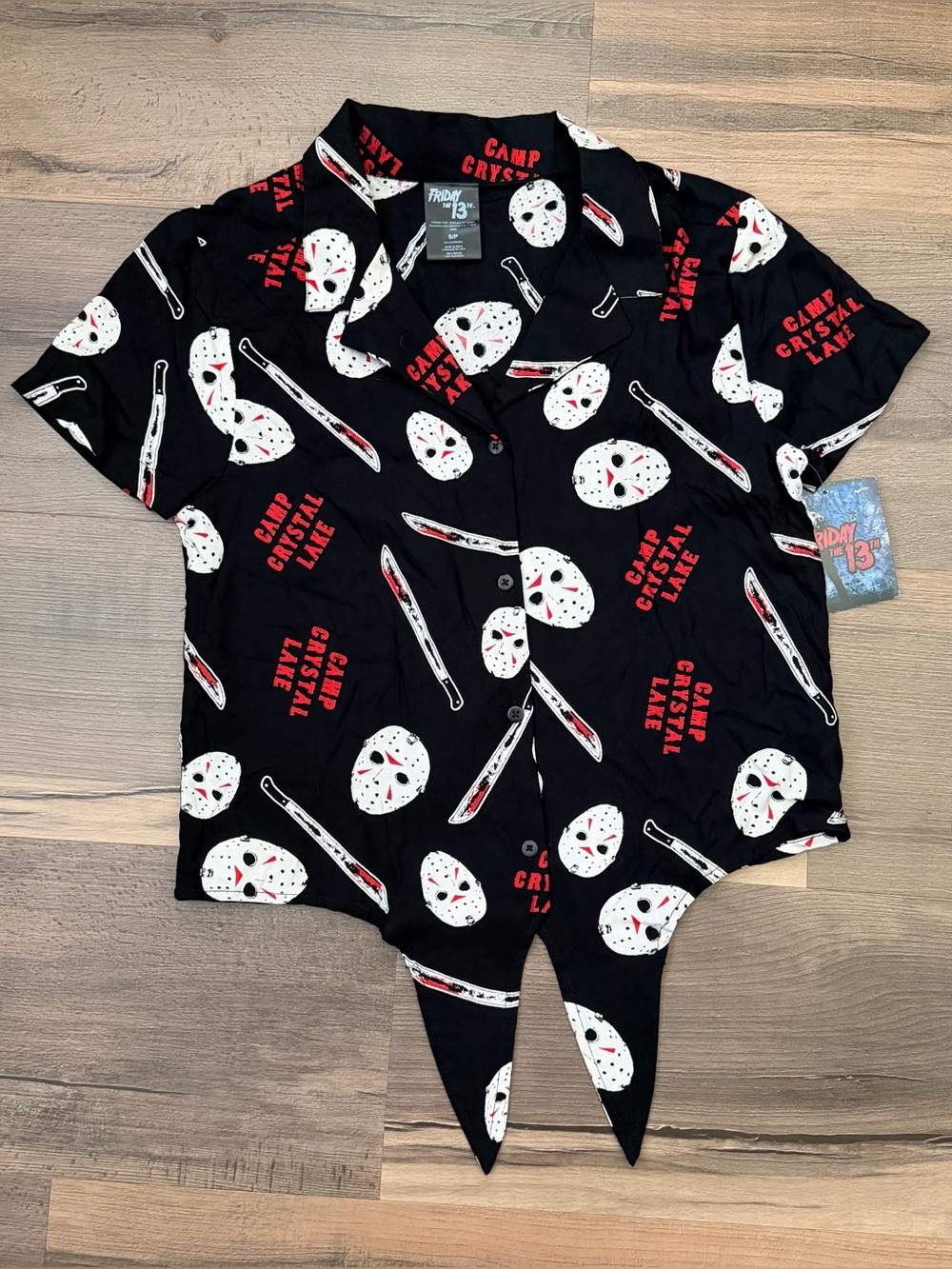 NWT Friday the 13th Jason Black Tie Front Button Down Short Sleeve Top Sz Small